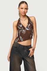 Sequin Asymmetric Mesh Halter Top