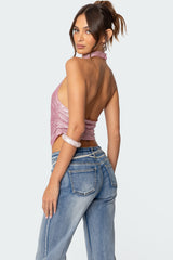 Shiny Backless Cowl Neck Top