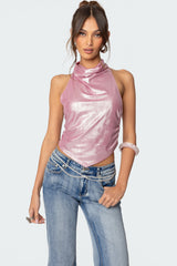 Shiny Backless Cowl Neck Top