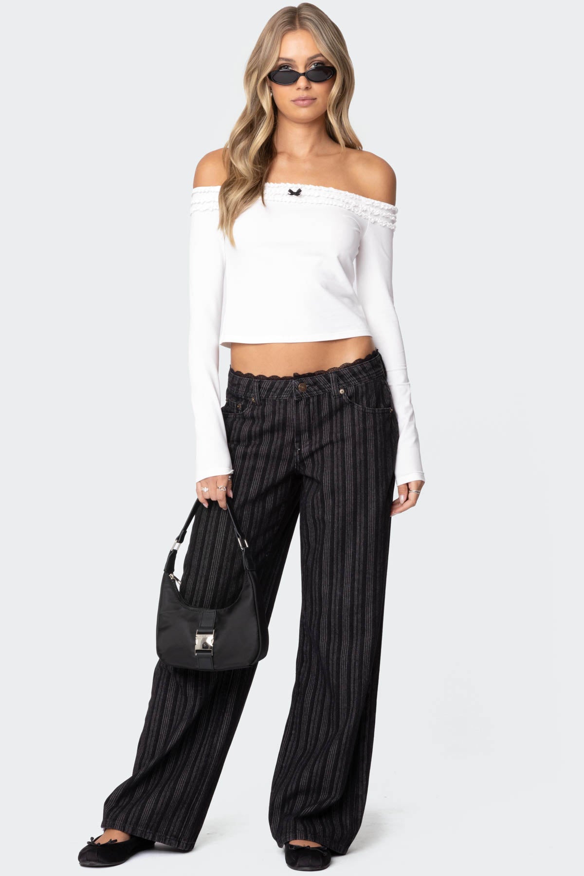 Lace Trim Striped Low Rise Jeans