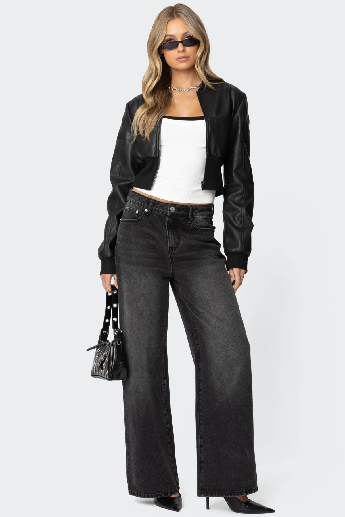 Cropped Faux Leather Bomber Jacket