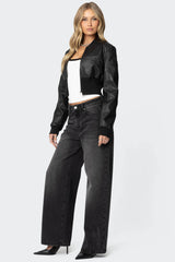 Cropped Faux Leather Bomber Jacket