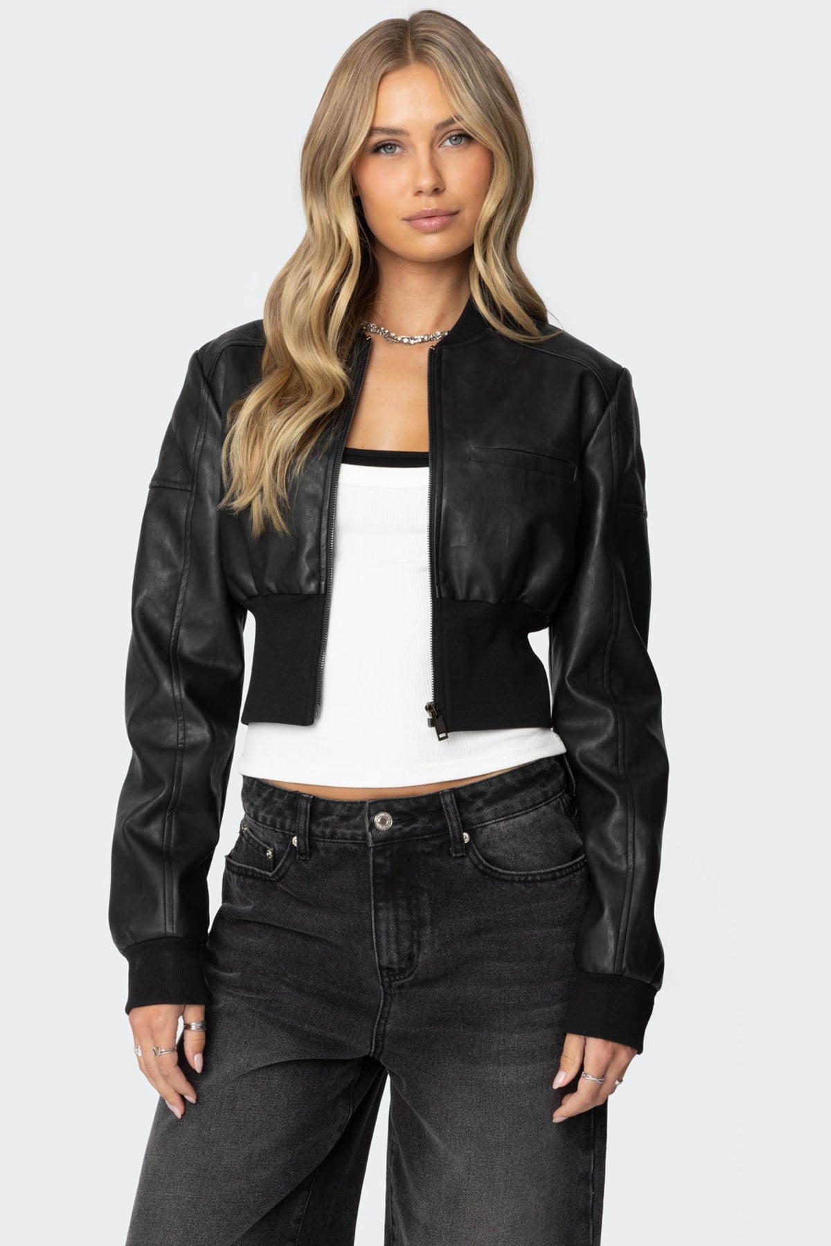 Cropped Faux Leather Bomber Jacket