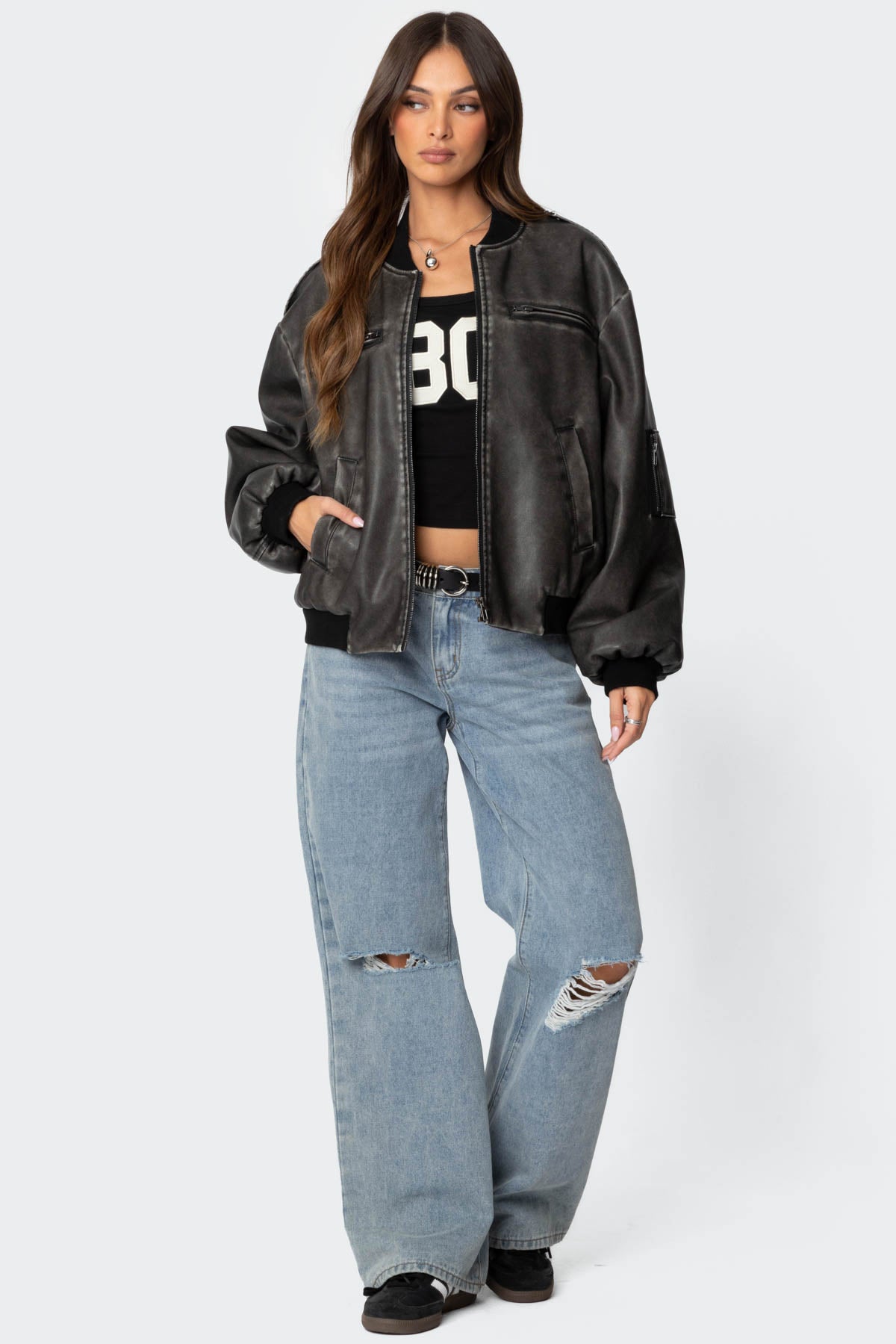 Vava Washed Faux Leather Bomber Jacket