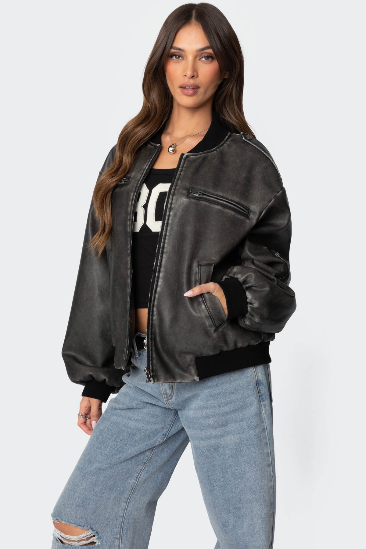 Vava Washed Faux Leather Bomber Jacket