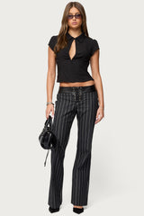 Pinstripe & Faux Leather Low Rise Flared Jeans