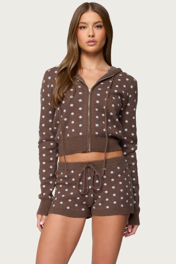 Kenny Polka Dot Knit Zip Up Hooded Cardigan