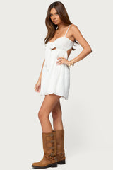 Embroidered Tie Front Cutout Mini Dress