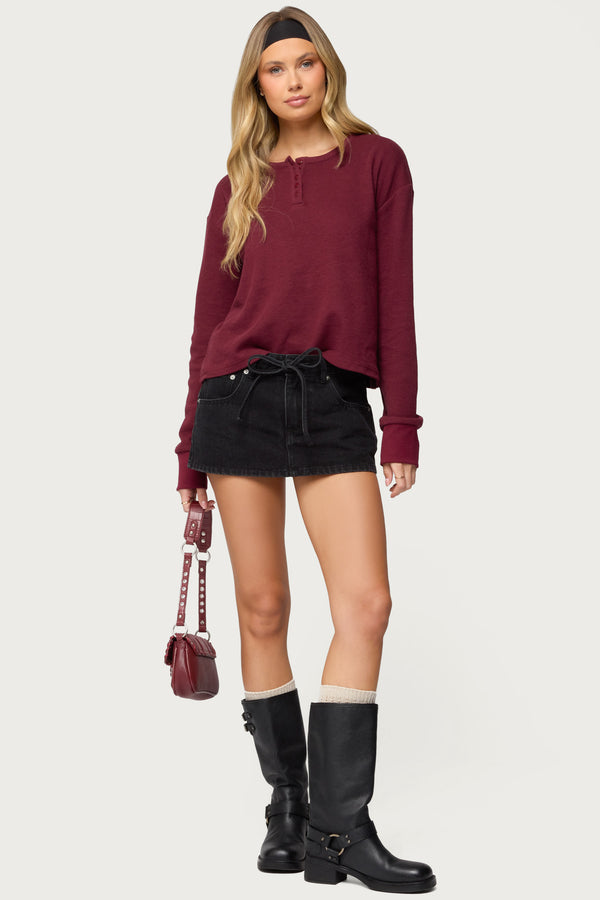 Deni Long Sleeve Henley Waffle Top