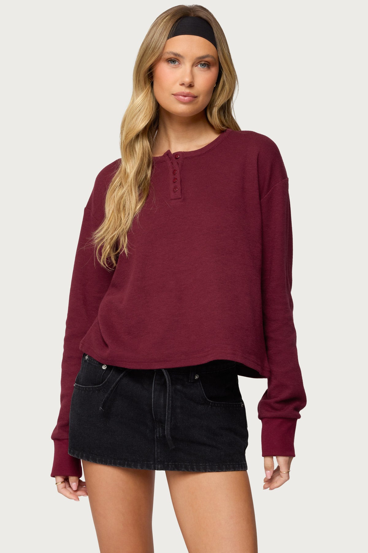 Deni Long Sleeve Henley Waffle Top – edikted