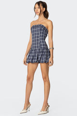 Plaid Strapless Bubble Mini Dress