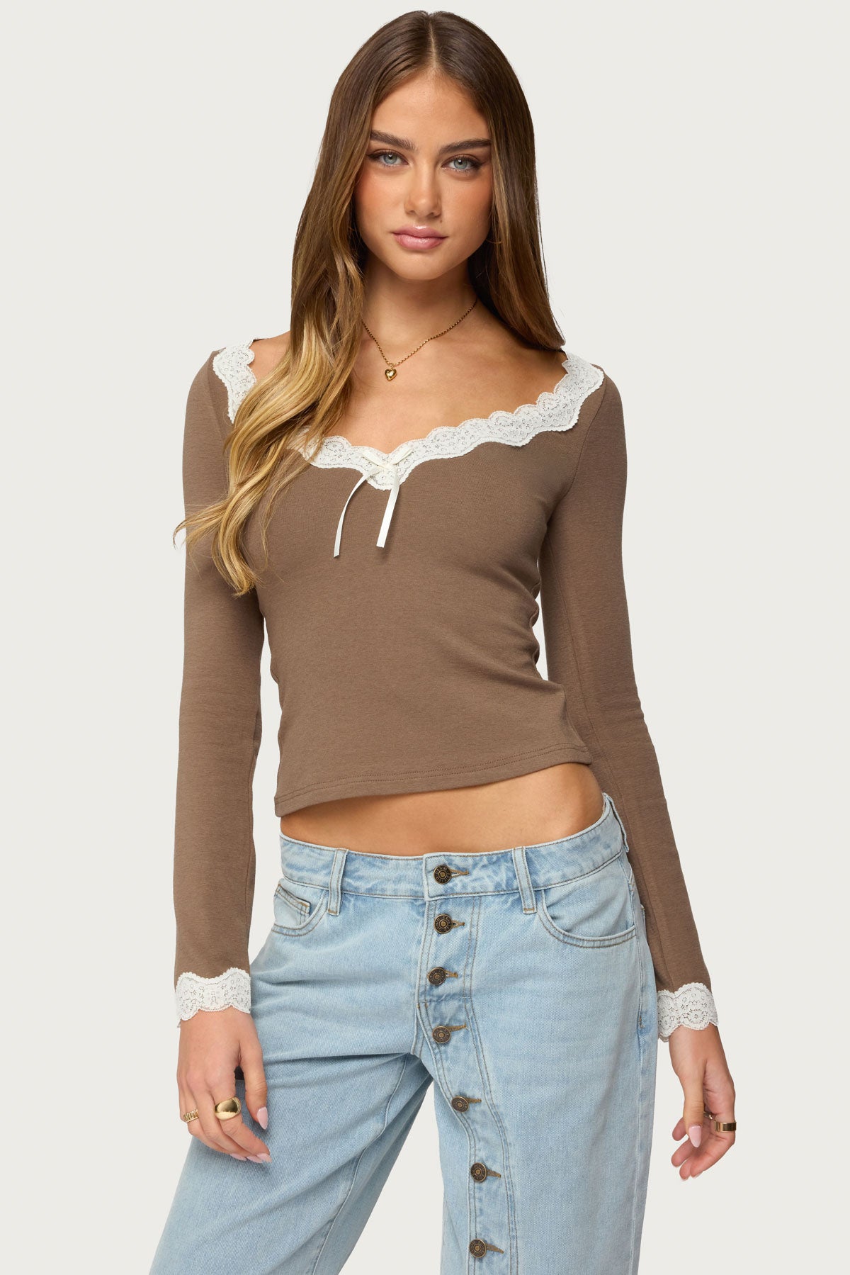Contrast Lacey Long Sleeve Top
