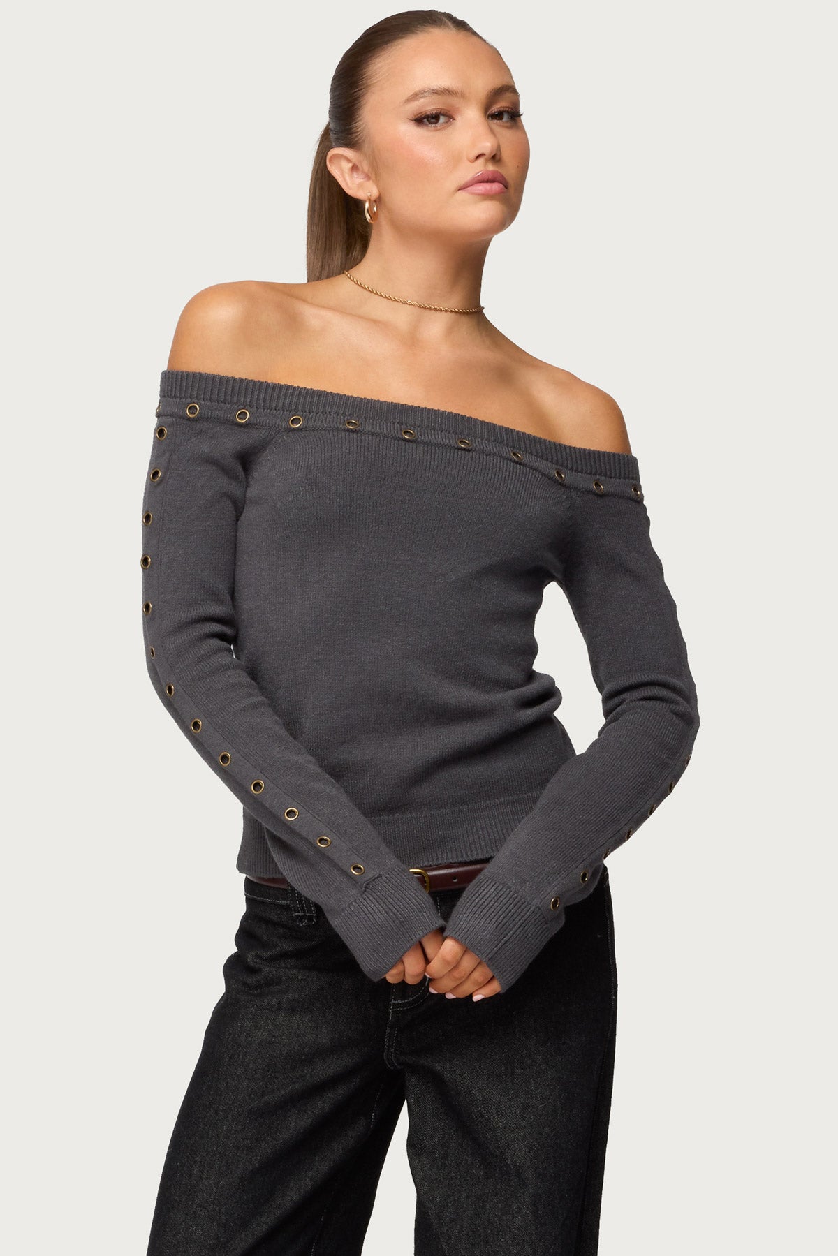Morgen Grommet Off Shoulder Knit Top – edikted