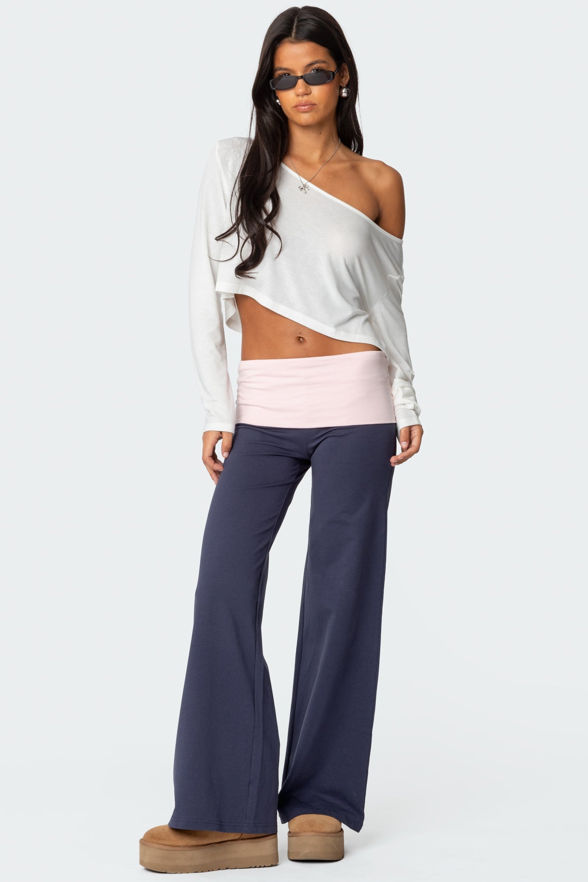 Wide Leg Contrast Fold Over Pants