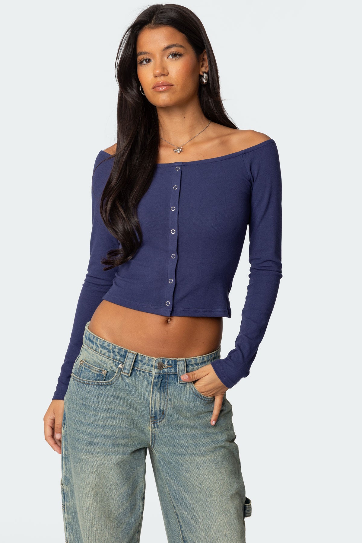 Off Shoulder Button Up Top