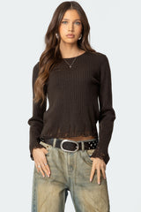 Distressed Ribbed Knit Sweater