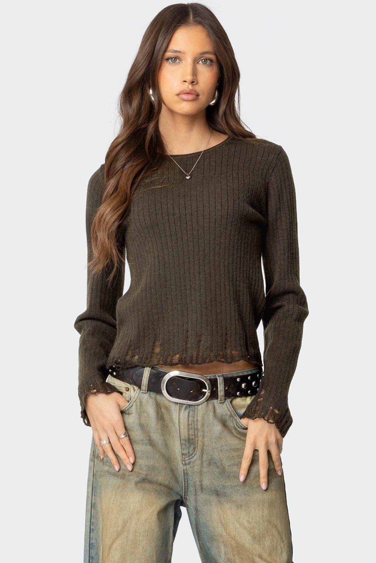 Distressed Ribbed Knit Sweater