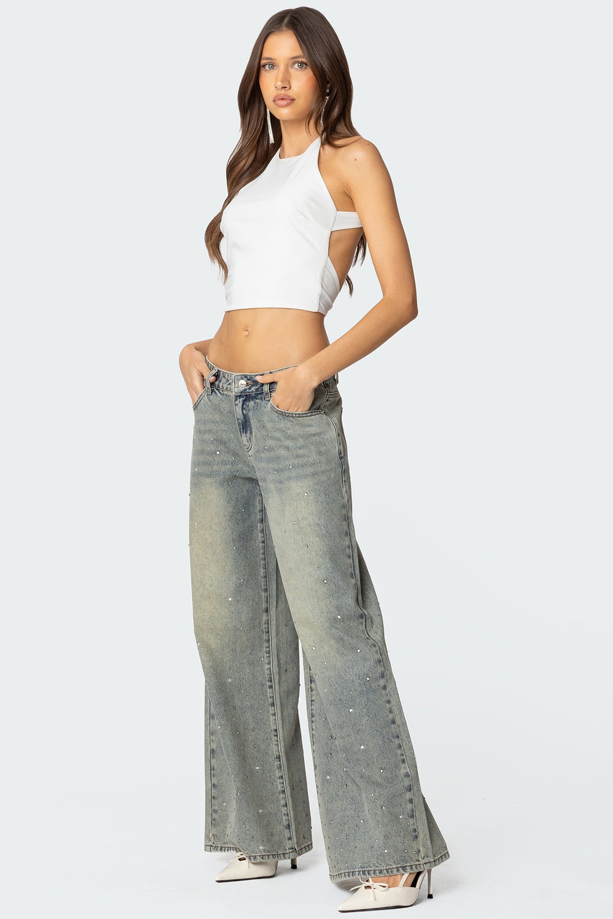 Rhinestone Low Rise Washed Jeans