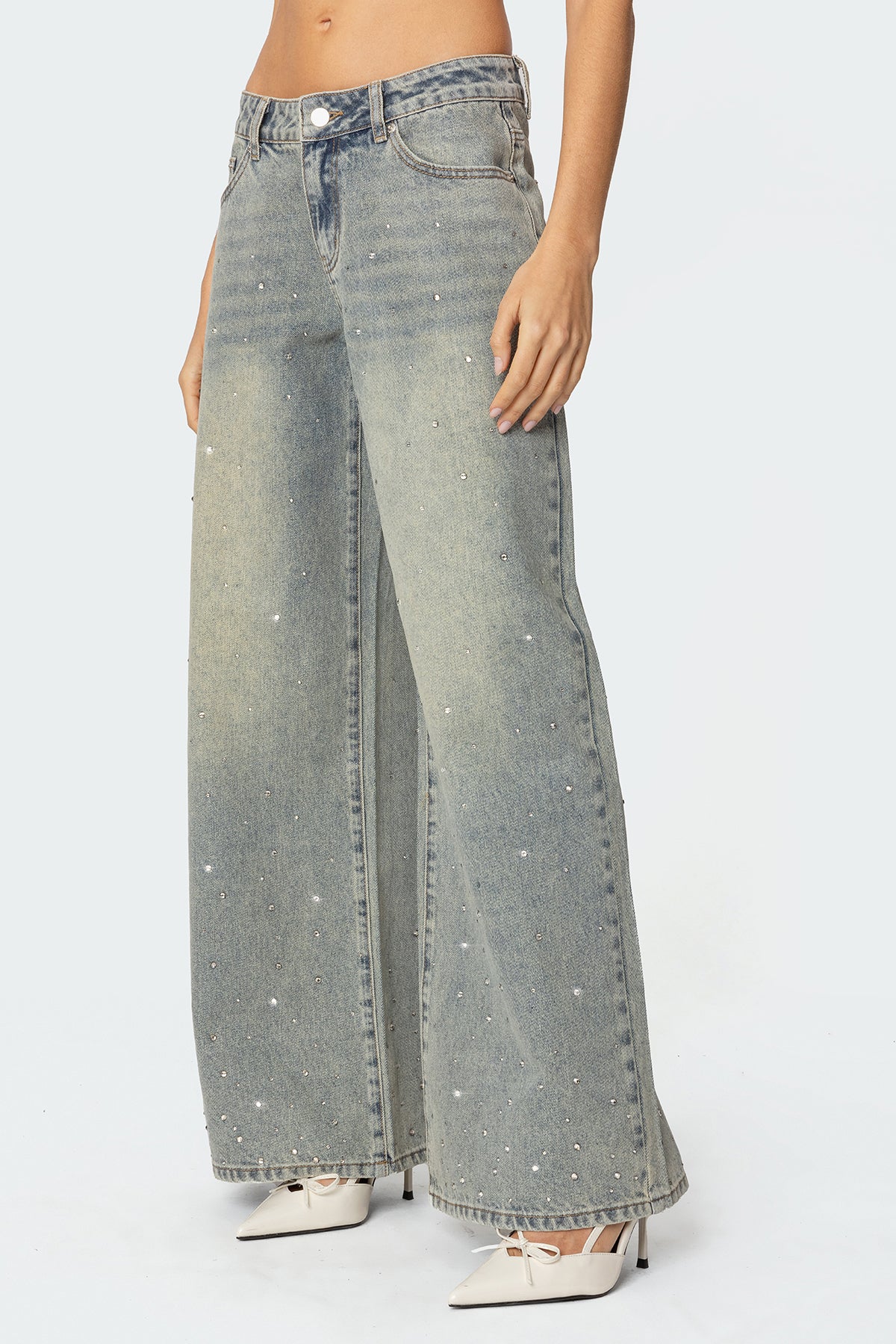 Rhinestone Low Rise Washed Jeans