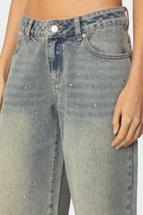 Rhinestone Low Rise Washed Jeans