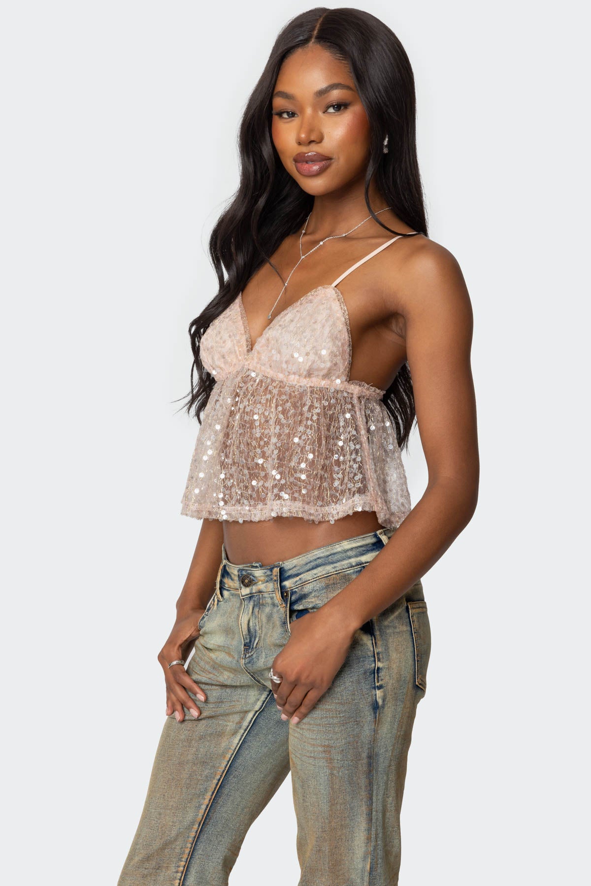 Sheer Sequin Babydoll Tank Top