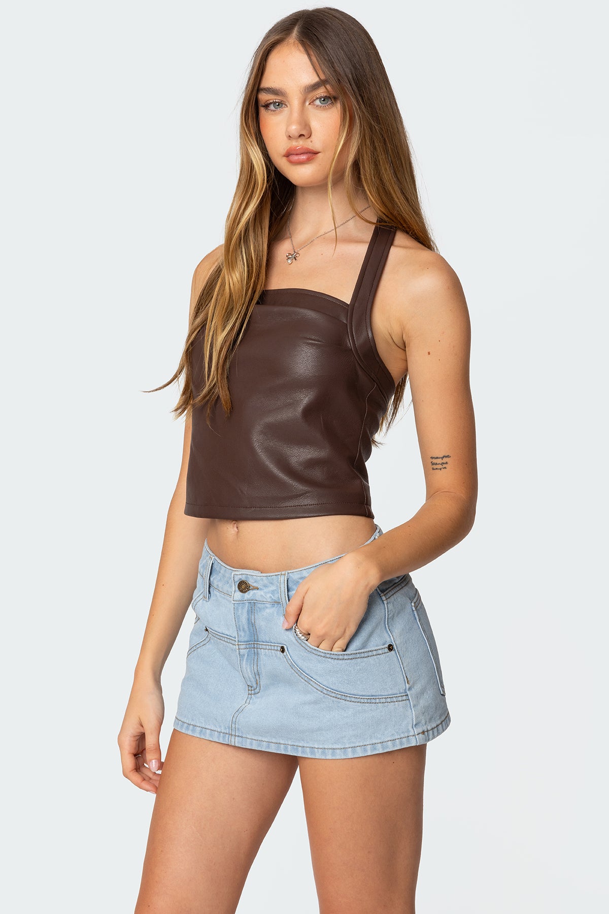 Draped Faux Leather Halter Top