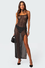 Sheer Micro Sequin Slitted Maxi Dress