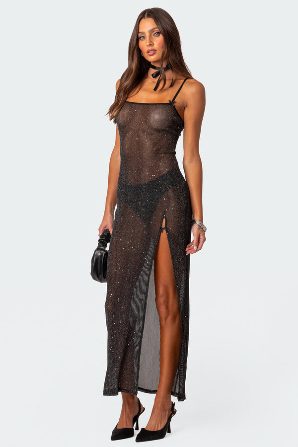 Sheer Micro Sequin Slitted Maxi Dress