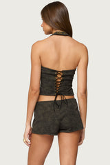 Taia Distressed Faux Leather Corset