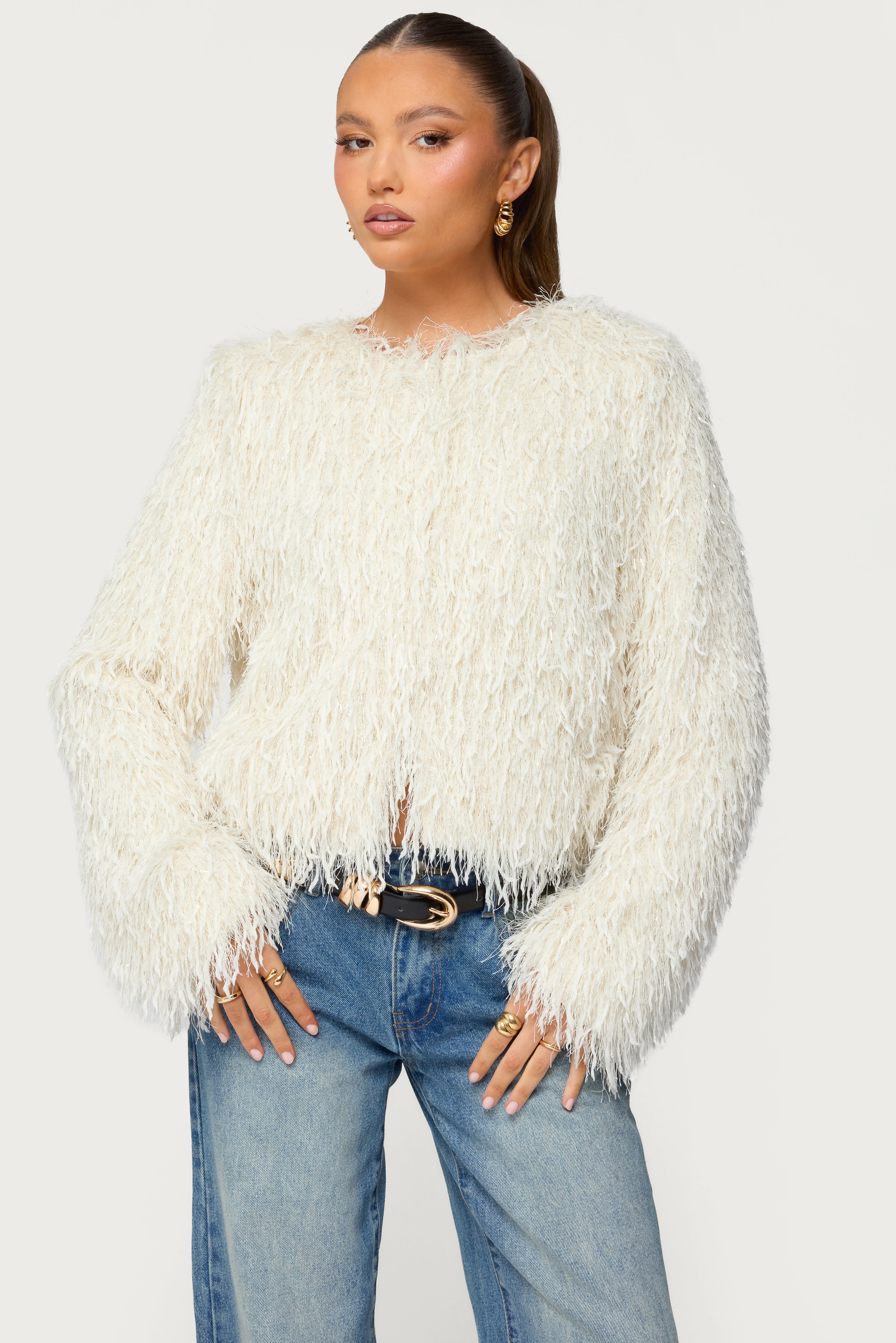 Aleandra Fringed Faux Feather Jacket – edikted