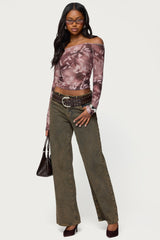 Off Shoulder Printed Sheer Mesh Top
