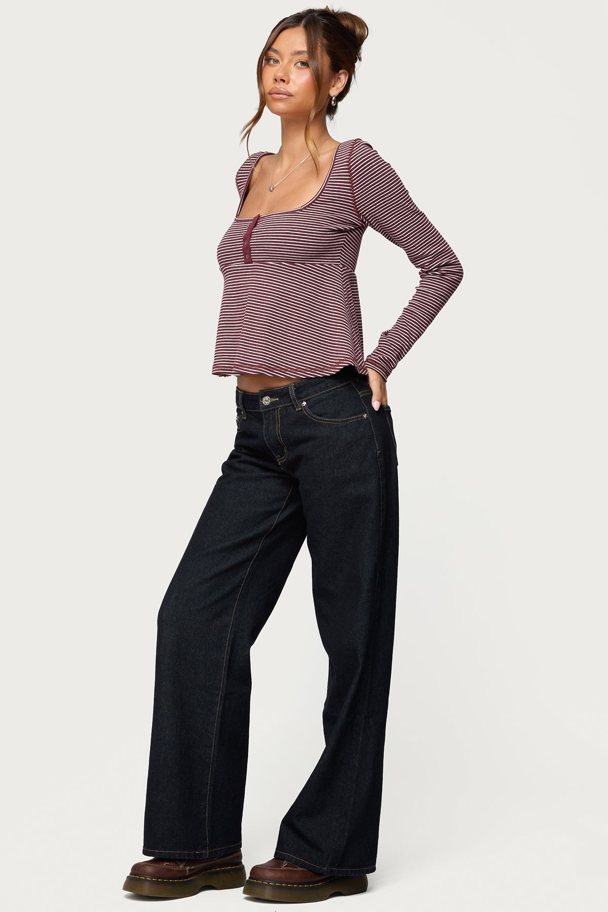 Sare Striped Babydoll Henley Top