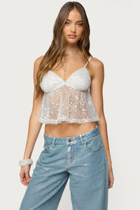 Sheer Sequin Babydoll Tank Top