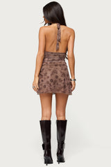 Ruched Velvet Embroidered Mini Dress