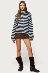 High Neck Striped Zip Up Sweater