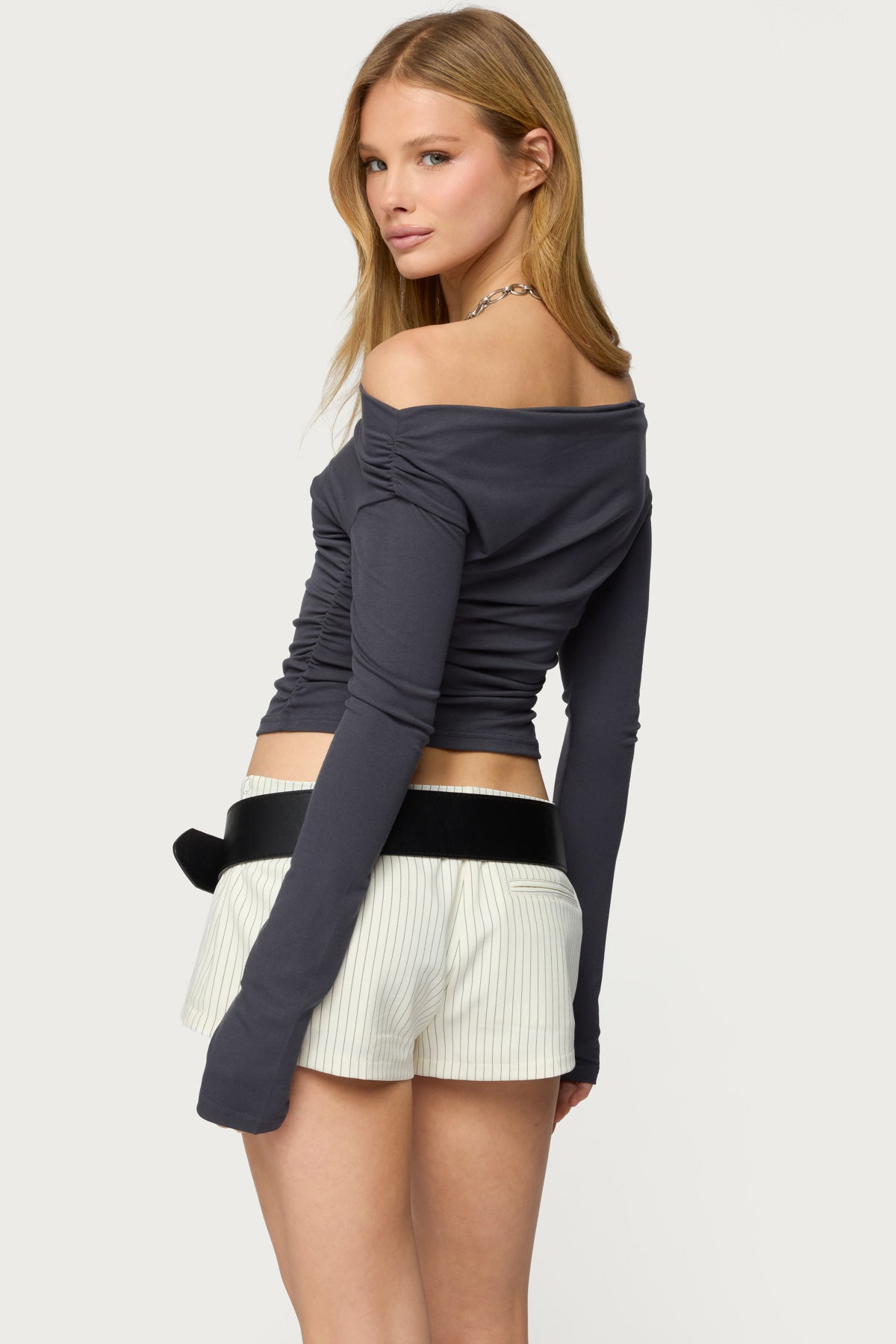 Milane Ruched Off Shoulder Ribbed Top