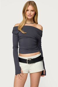 Milane Ruched Off Shoulder Ribbed Top