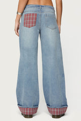 Plaid Cuffed Low Rise Baggy Jeans