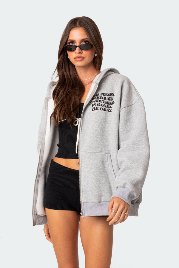 Everything'S Ok Zip Up Oversized Hoodie