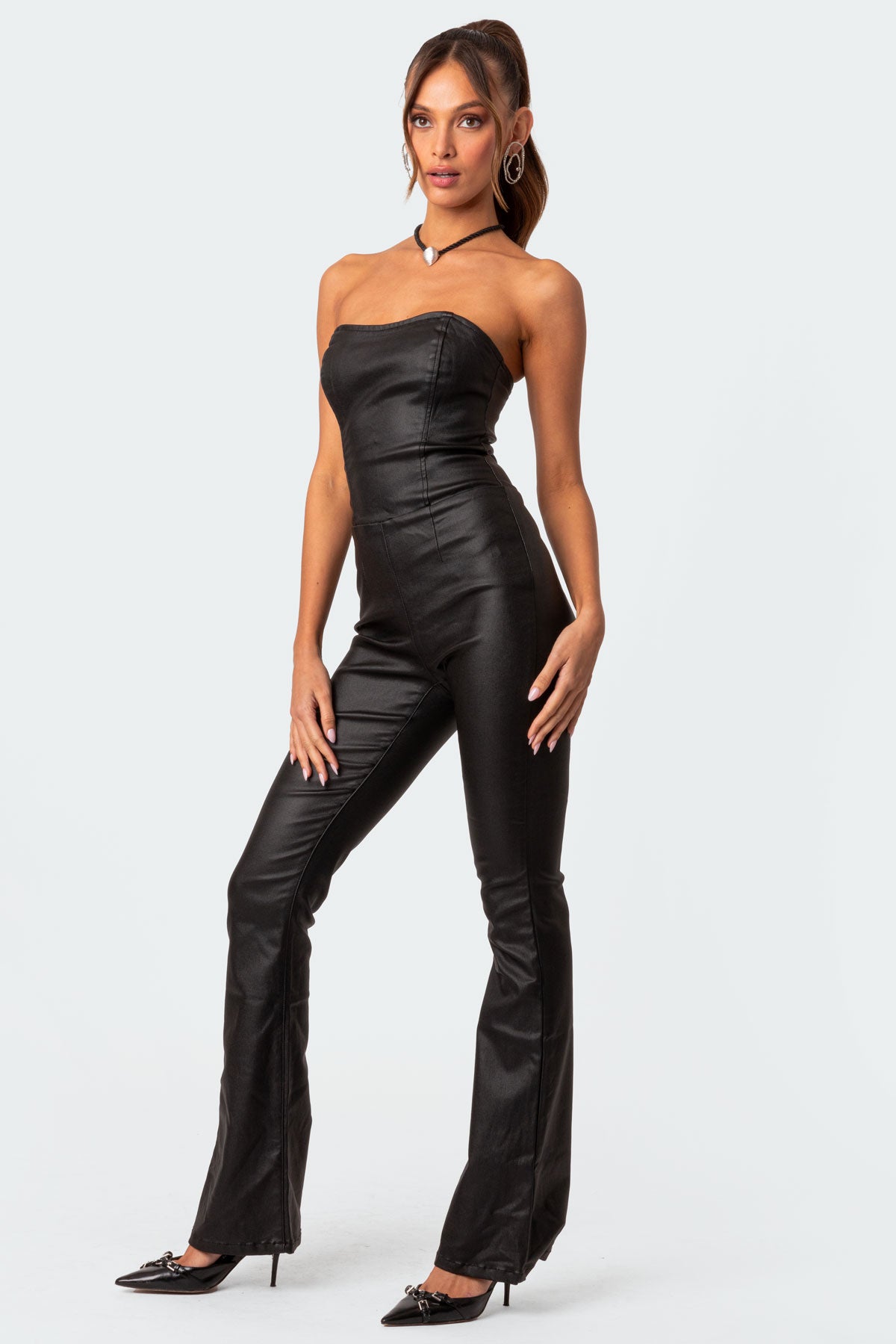 Luna Faux Leather Flared Jumpsuit