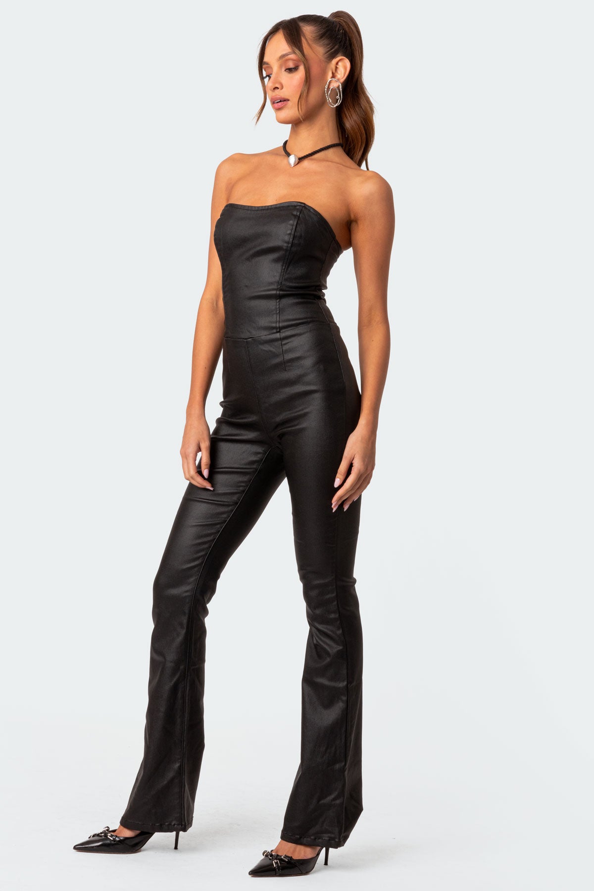 Luna Faux Leather Flared Jumpsuit