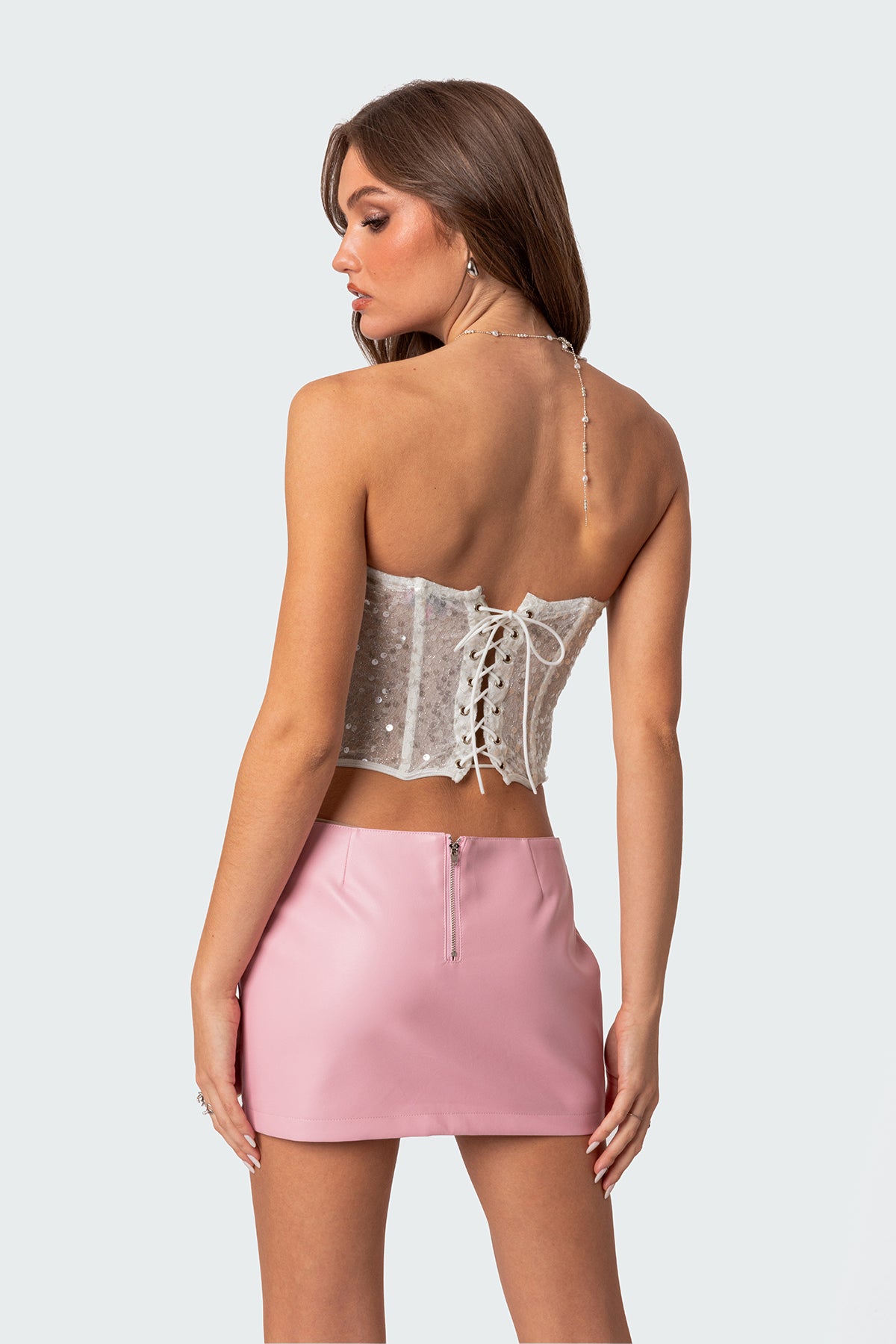 Semi Sheer Sequin Lace Up Corset