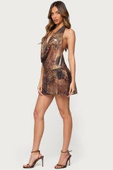 Printed Mesh Metallic Cowl Neck Mini Dress