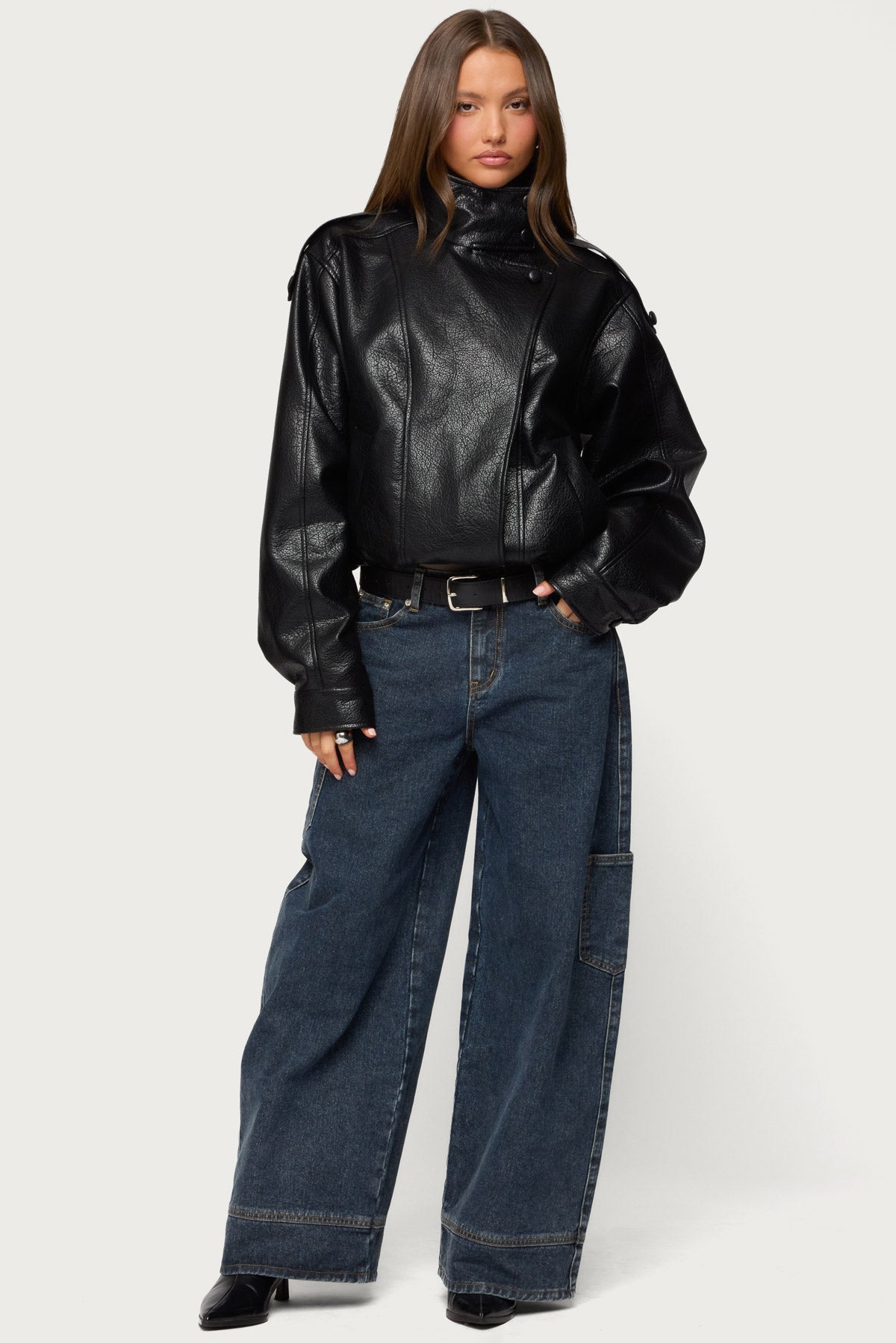Jaicee High Neck Oversized Faux Leather Jacket