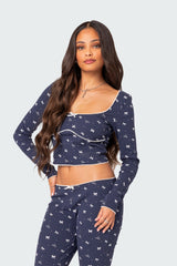 Bradley Bow Print Ribbed Pajama Top