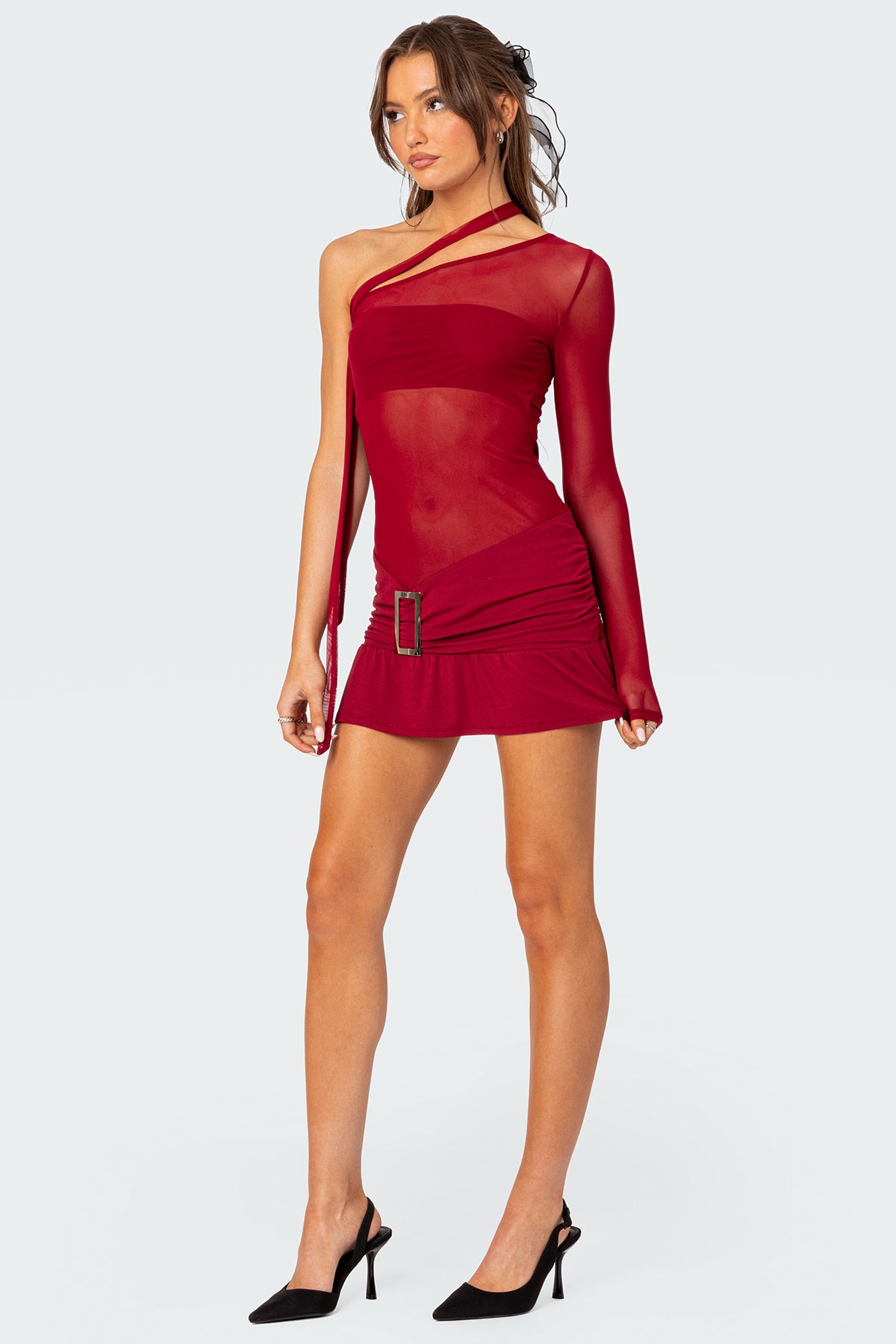 One Shoulder Sheer Mesh Mini Dress