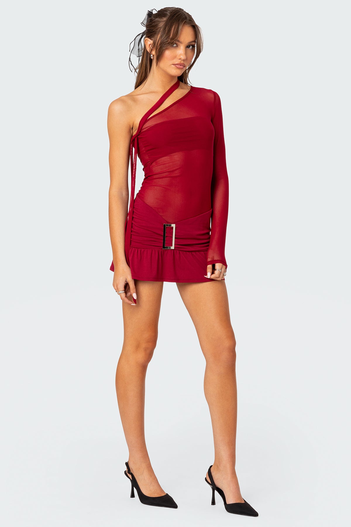 One Shoulder Sheer Mesh Mini Dress