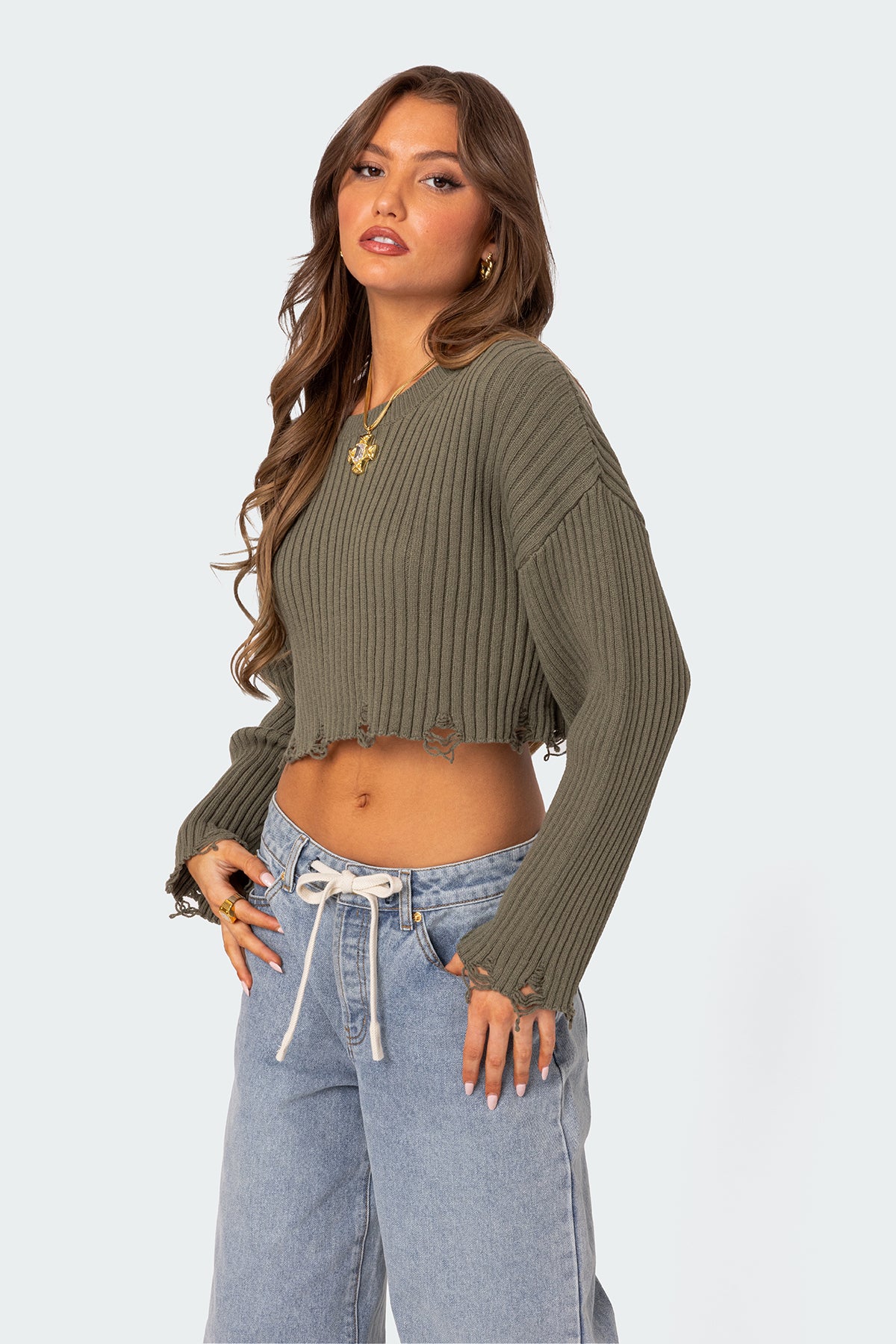 Distressed Hem Oversized Cropped Sweater