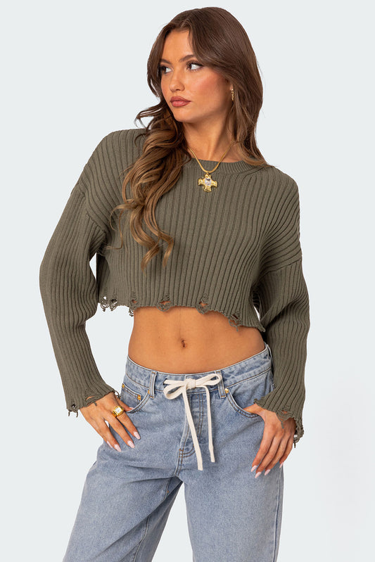 Distressed Hem Oversized Cropped Sweater
