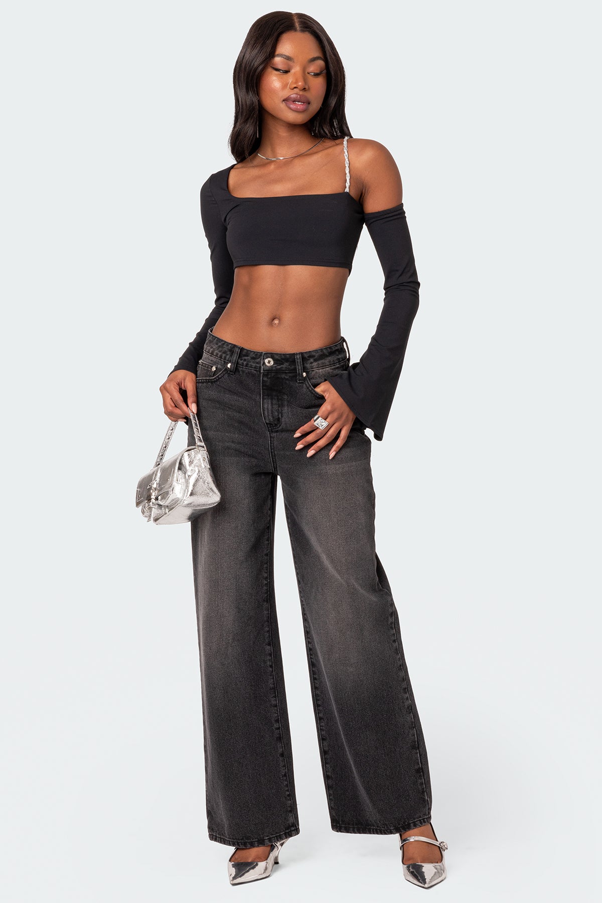 Rhinestone Strap Asymmetric Crop Top